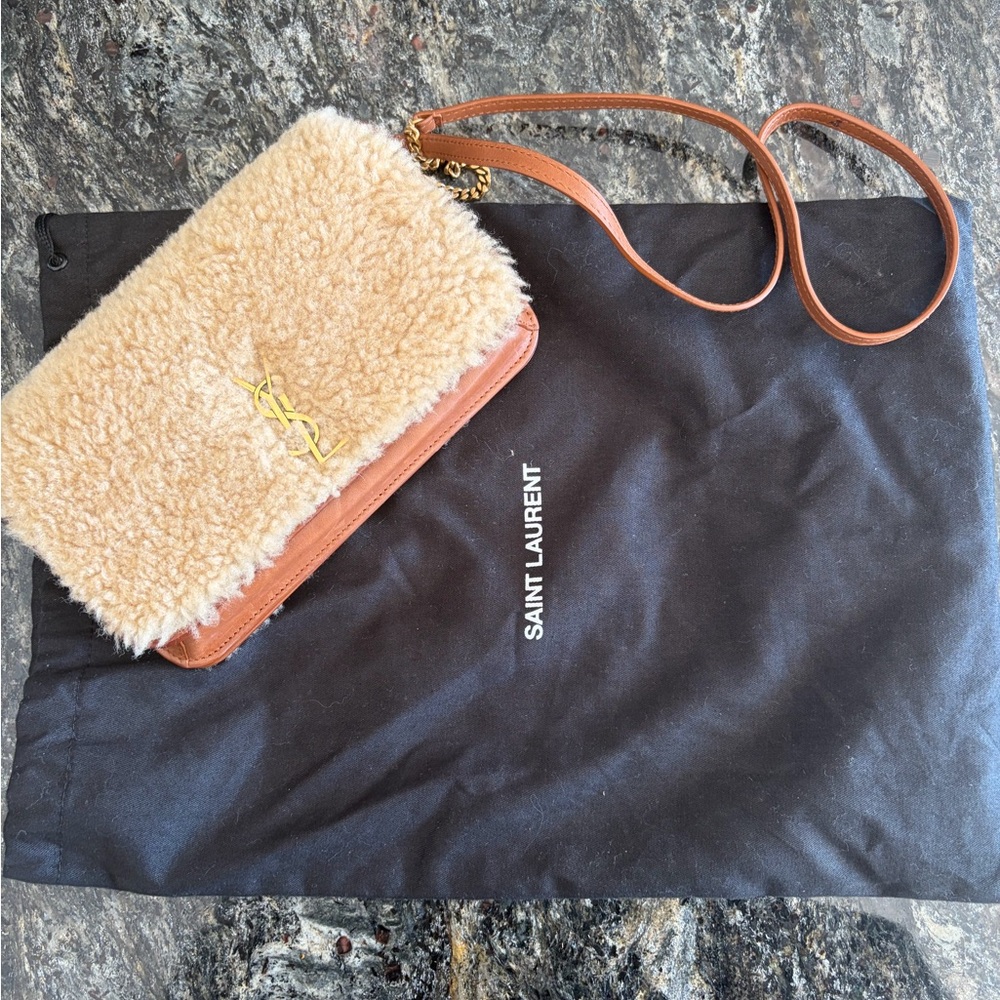 Saint Laurent Shearling Crossbody Bag in Tan and Brown